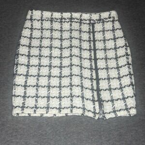 Lea & Viola Plaid Black Cream Gold Tweed Zip Detail Skirt Womens Small